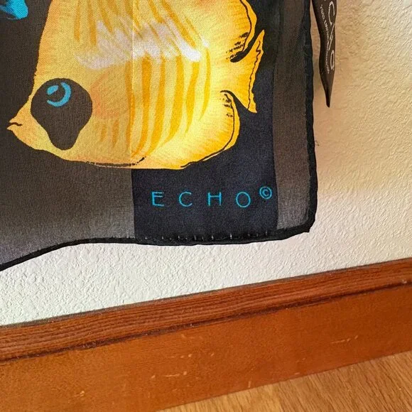 Echo 100% Silk Scarf Black Tropical Colorful Fish Print Fish Design Bright Color - Picture 7 of 9